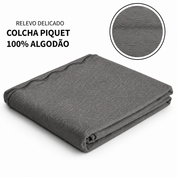 Kit Colcha Piquet Grafite dobrado para cama posta