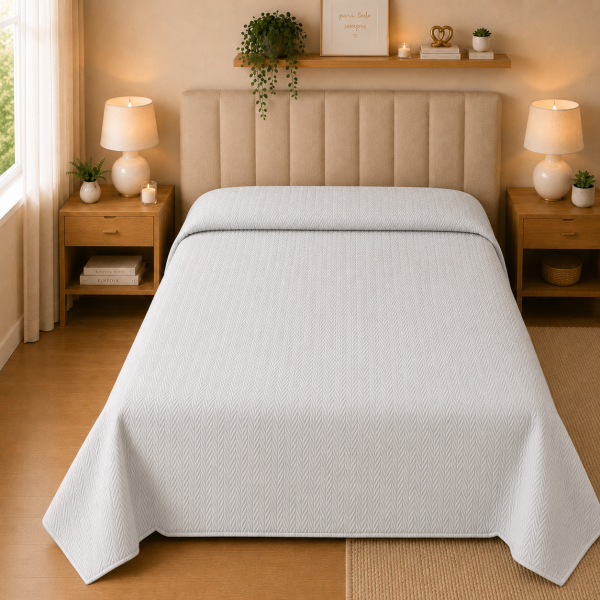 Colcha Piquet Tognato Tressê Branco sobre cama posta